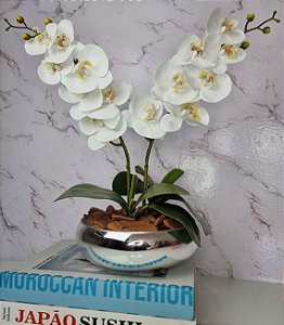 Arranjo Com 2 Orquídeas Branca Vaso Prata 22cm