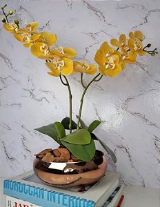 Arranjo Com 2 Orquídeas Amarela Vaso Cobre 22cm