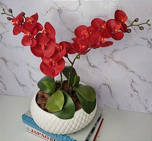 Arranjo Com 2 Orquídeas Vermelha Vaso Ceramica 22cm