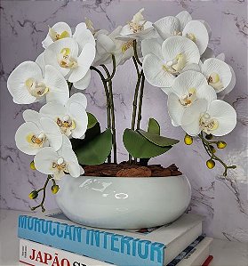 Arranjo Com 4 Orquídeas Branca Vaso Ceramica 28cm