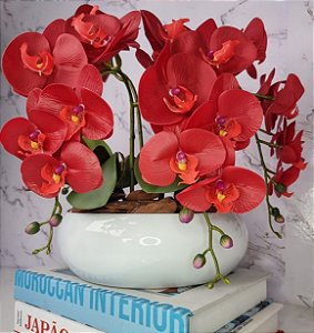 Arranjo Com 4 Orquídeas Vermelha Vaso Ceramica 28cm