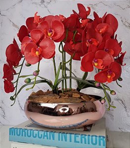 Arranjo Com 4 Orquídeas Vermelho Vaso Rose 28cm