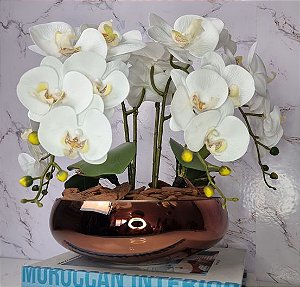 Arranjo Com 4 Orquídeas Branca Vaso Cobre 28cm