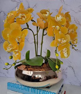 Arranjo Com 4 Orquídeas Amarela Vaso Dourado 28cm