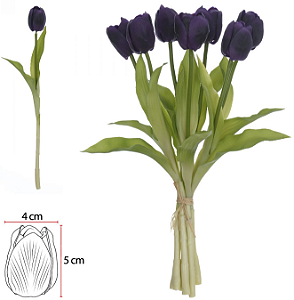 Planta Artificial Buque Tulipa Ramalhete C/Fita Real Toque X7 Purpura 37cm
