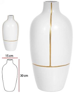 Vaso Decorativo Ceramica Branco Dourado 30cm