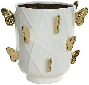 Vaso Decorativo Ceramica Borboleta Branco Dourado 27cm