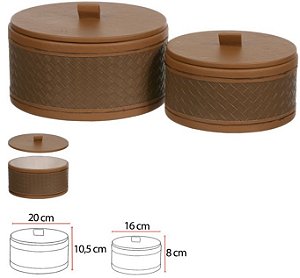 Caixa Decorativa Madeira /Couro Sint Kit C/2 Marrom 10,5cm