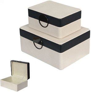 Kit Caixas Decorativas MDF Revest Pu C/2 Pcs Off White Preta 22,8cm