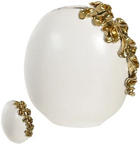 Vaso Decorativo Ceramica Com Aplicacao folhas Branco Dourado 12cm