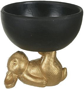 Vaso Pascoa C/Base Coelho Preto Dourado 15cm