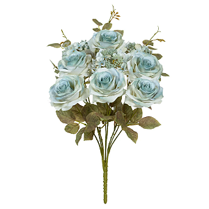 Buquê Artificial Rosa Hortensia C/Proteção UV X9 (azul outono) 48cm