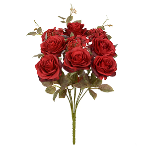 Buquê Artificial Rosa Hortensia C/Proteçâo UV X9 (vermelho outono) 48cm