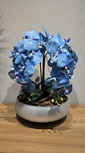 Arranjo Artificial 4 Orquideas Azuis + Vaso Prata 28cm