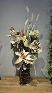 Arranjo Artificial Com Rosas em EVA para Aparador Vaso Transparente Rosa