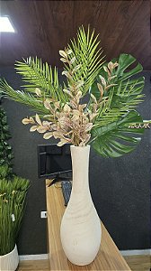 Arranjo Longo Folhagem Verde e Vaso Off White Madeira 95cm