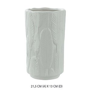 Vaso Cerâmica Decorado Folha Branco Fosco 21,5x13cm