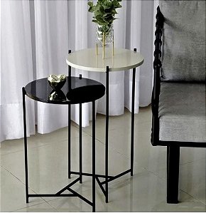 Duo de Mesas Lateral Cléo Preto com Tampo Branco e Preto