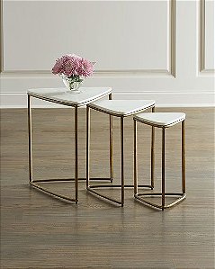 Trio de Mesas Lateral Aurora Dourado com Tampo Branco