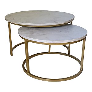 Duo de Mesas de Centro Kira Dourado Com Tampo em MDF Marmorizado