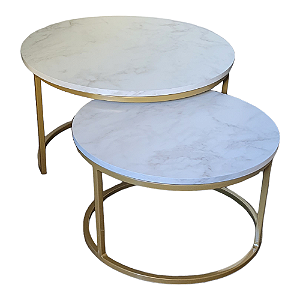 MESA DE CENTRO REDONDA DOURADA COM TAMPO EM MDF MARMORIZADO BRANCO MODELO KIRA