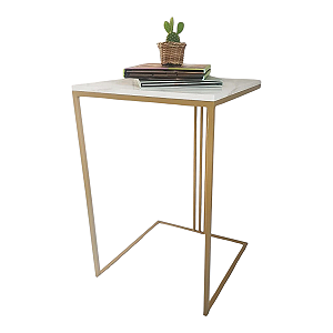 MESA LATERAL QUADRADA DOURADA  COM TAMPO BRANCO MARMORIZADO MODELO NINA