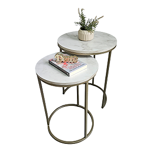Duo de Mesas Lateral Kira Dourado Champanhe  com tampo em MDF Marmorizado Branco