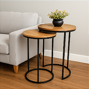 Duo de Mesas Lateral Kira Preto com tampo em MDF Louro Freijó