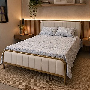 Cama de Ferro Dourado com Cabeceira Estofada Viúva 1,28x1,88