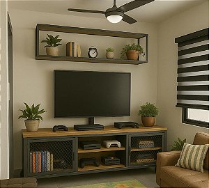 RACK E PRATELEIRA SUSPENSA PRETO COM MDF ANTIQUA