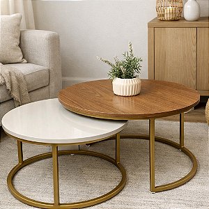 Duo de Mesas de Centro Kira Dourada em MDF Freijó com Off White