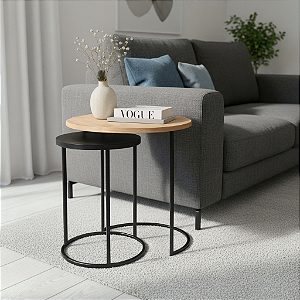 Duo de Mesas Lateral Kira Preto com tampo em MDF Preto e Louro Freijó