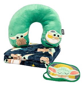 Kit De Viagem Infantil Baby Yoda - Manta, Almofada E Máscara