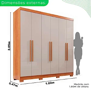 Guarda-roupa Casal 1.80 X 2.04 X 0.47 Com Pé 6 Portas 2 Gavetas Recife Sallêto Cinamomo Com Off White