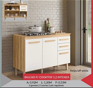 BALCÃO 1200 X 850 X 515 INTENZA - FREIJO/OFF WHITE CRISTAL C/ TPO FREIJO