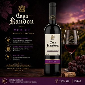 VINHO TINTO SECO FINO MERLOT 06X750ML - CASA RANDON VIDRO
