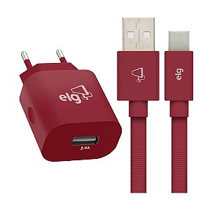 Kit Cabo Usb Tipo-C + Carregador Emborrachado Elg Vermelho