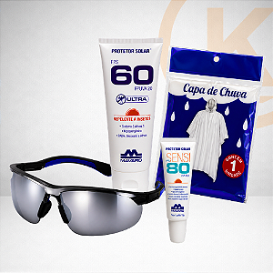 Kit Ciclista Oculos Espelhado + Capa de Chuva + Protetor Solar 60 com Repelente