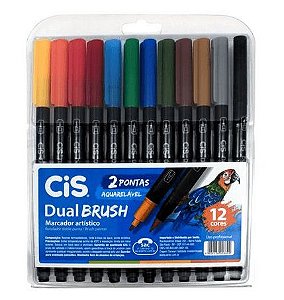 Estojo Caneta Pincel Cis Dual Brush Pen Aquarelável Com 12 Cores