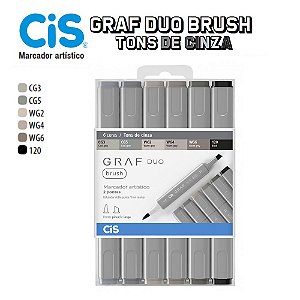 Caneta Cis Graf Duo Brush 2 Pontas C/06 Cores Tons De Cinza