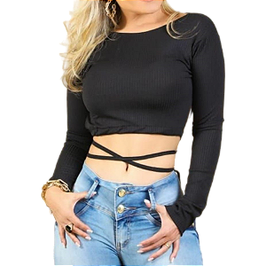 Blusa Cropped Gringa Manga Longa de Amarrar Tamanho M