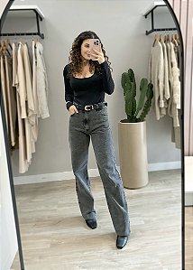 CALÇA WIDE LEG JEANS PRETA ESTONADA