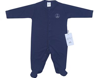 Macacão bebê longo Suedine azul marinho bordado vela