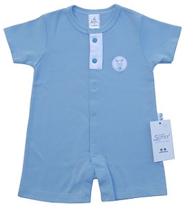 Macacão Curto Coelhinho Azul Bebê e Branco (Suedine)