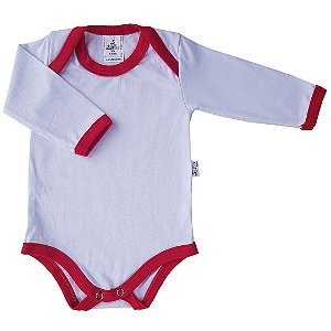 Body Bebê Branco Manga Longa Gola Americana Vermelho