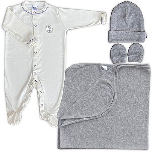 Saída Maternidade Marfim e Mescla Bordado-Hipopótamo 04 Peças