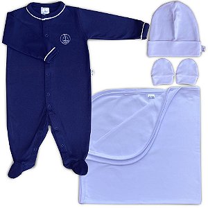 Saída Maternidade Marinho e Branco Bordado-Vela 04 Peças