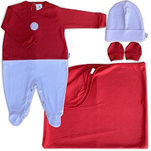 Saída Maternidade 04 Peças Vermelho e Branco Bordado-Castelo