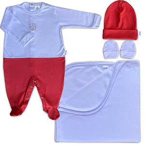 Saída Maternidade 04 Peças Branco e Vermelho Bordado-Castelo