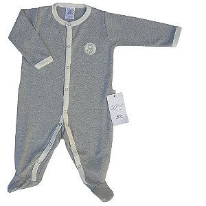 Macacão Bebê Longo Suedine Cinza Mescla Bordado Hipopótamo